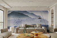 Soft mountain landscape mural for a feature wall in a minimalist home office.