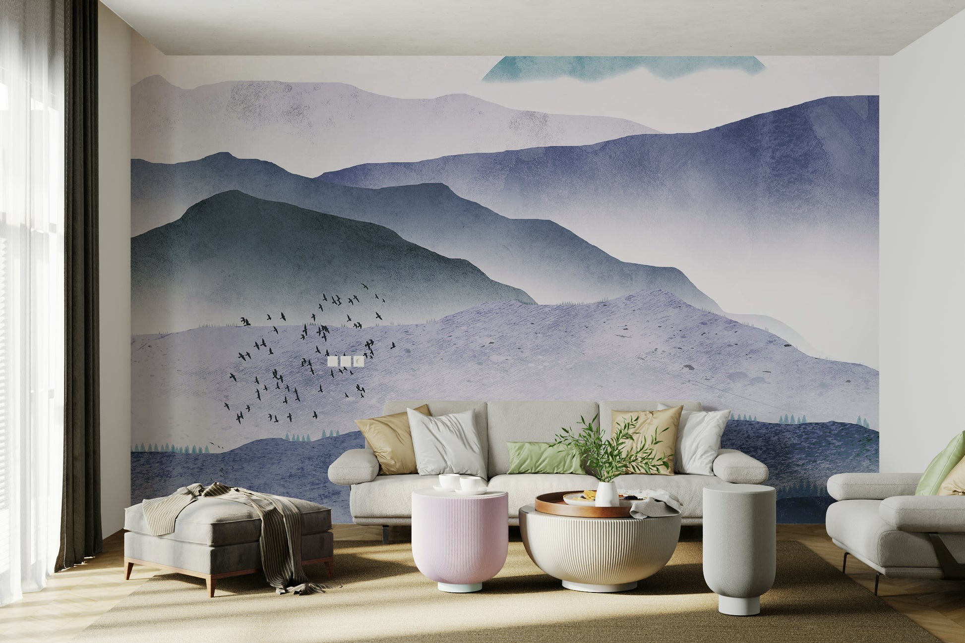 Whispers of the Mountains Mural Wallpaper in a bright living space with coastal oak decor.