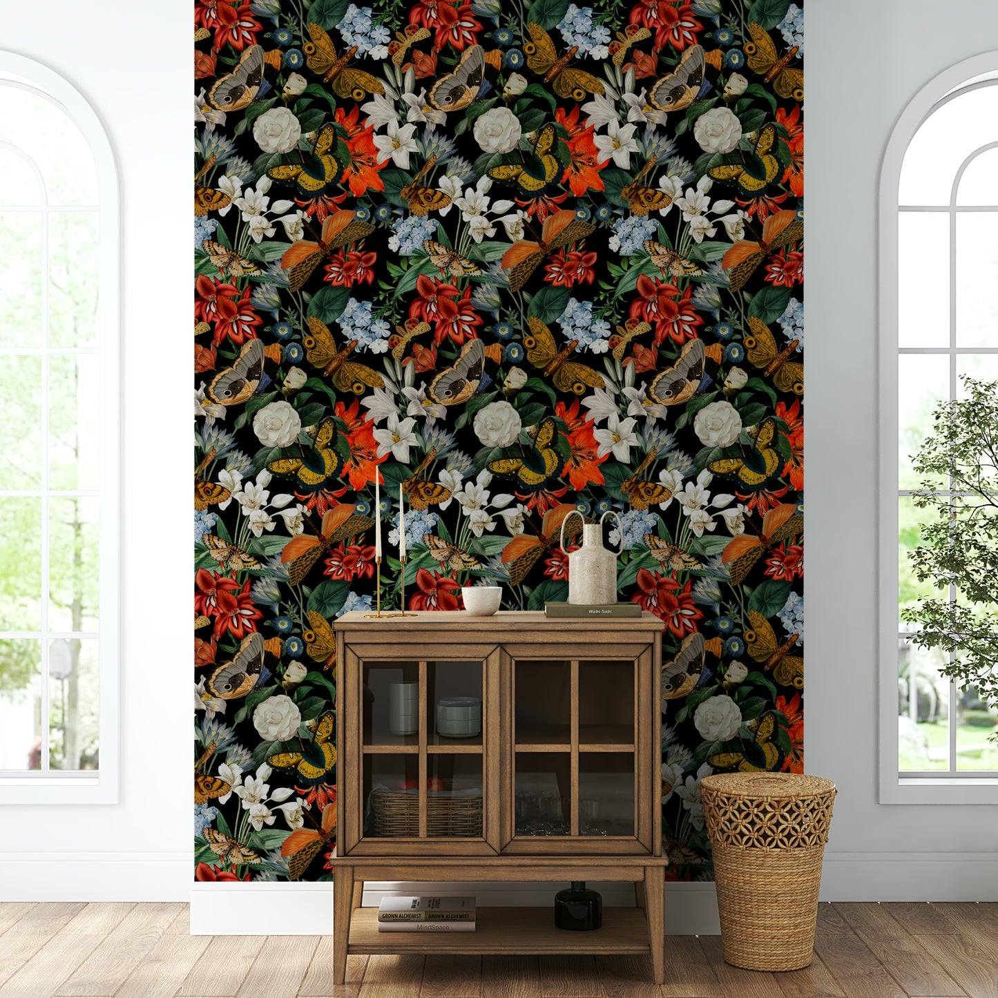 Subtle night-inspired wallpaper with elegant floral motifs

