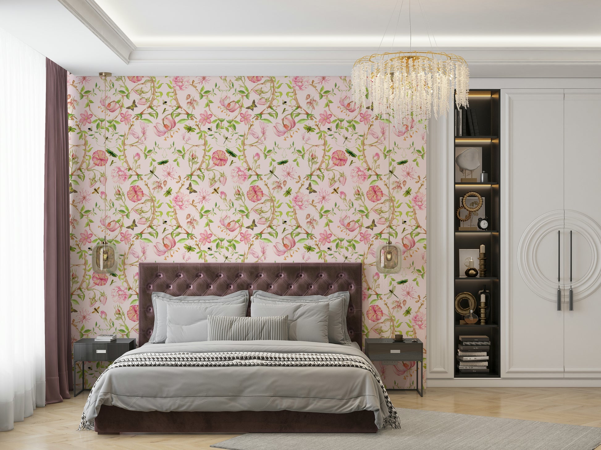 Wallpaper showing birds perched among peach-pink blossoms.

