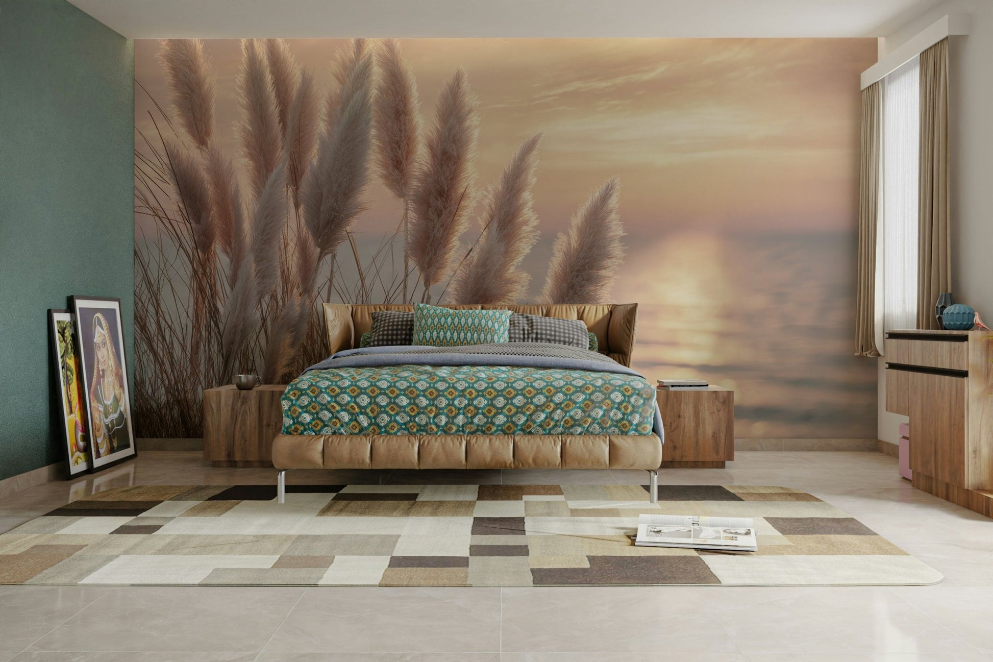 Soft gray and beige tones in coastal mural design

