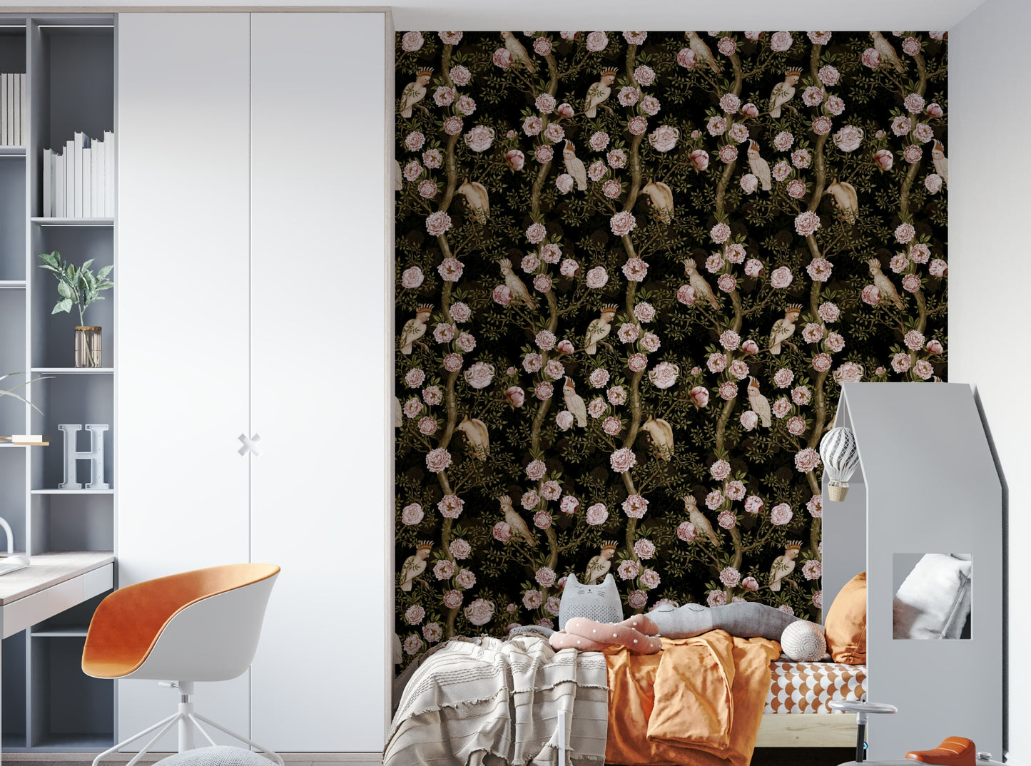 Wall mural featuring faded tropical leaves and natural textures.

