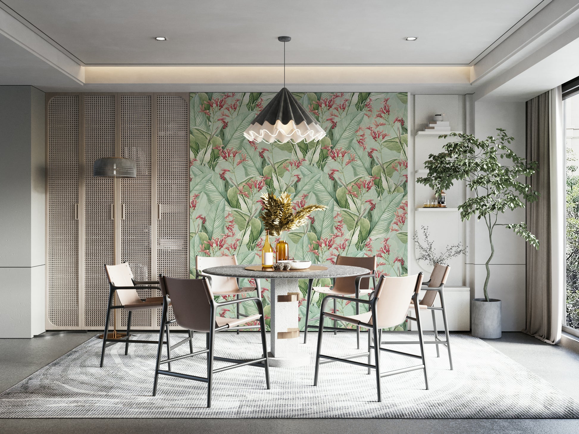 Close-up of Whispers of the Tropics Wallpaper with foliage.

