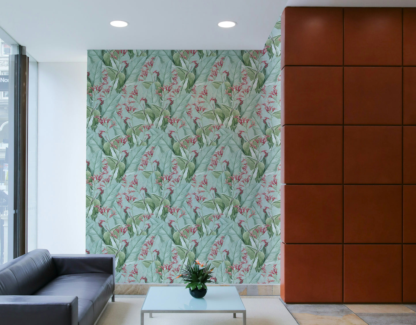 Tropical wall mural with palm trees and colorful flowers.

