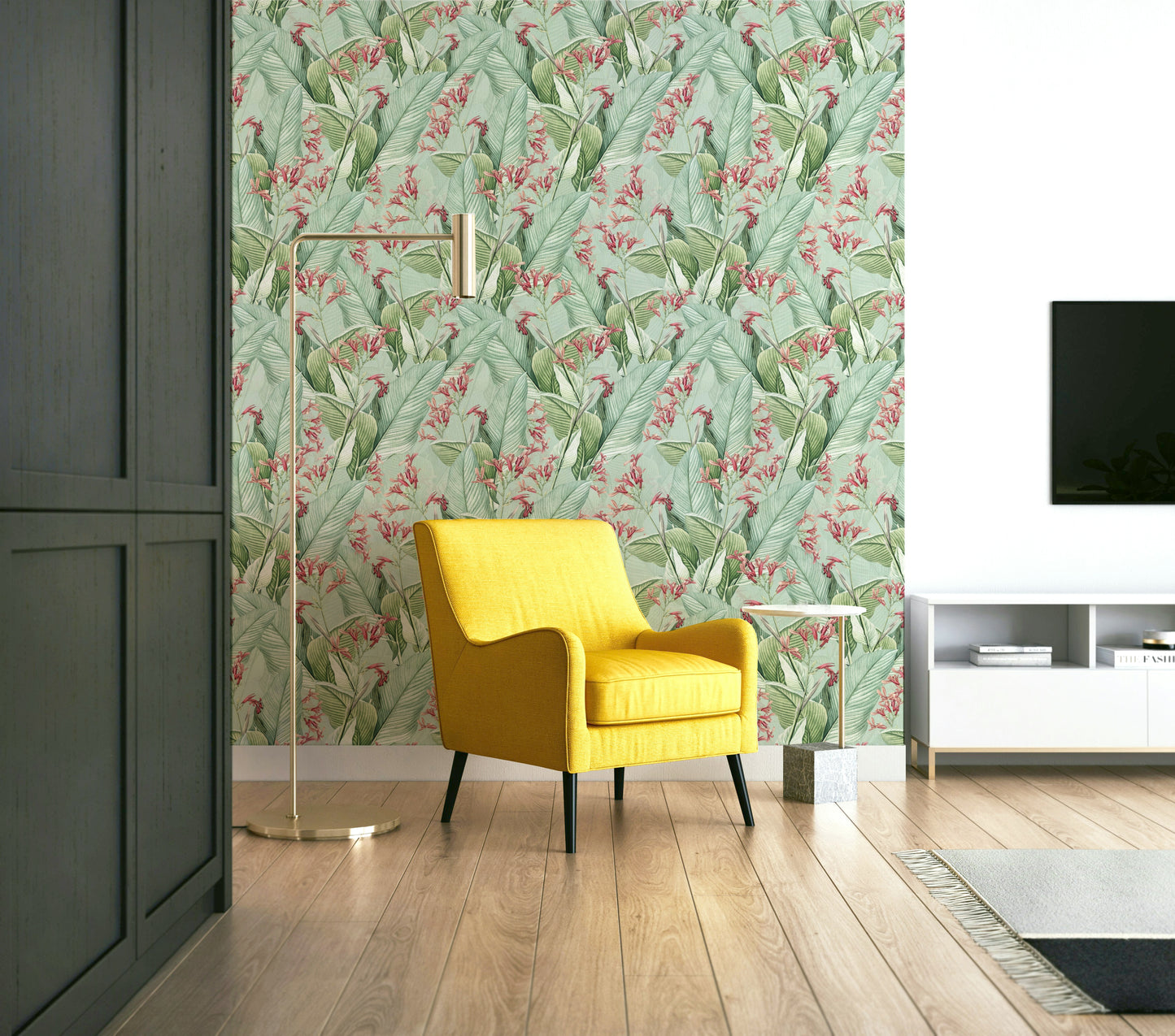 Exotic tropical wall mural with palm fronds and flowers.

