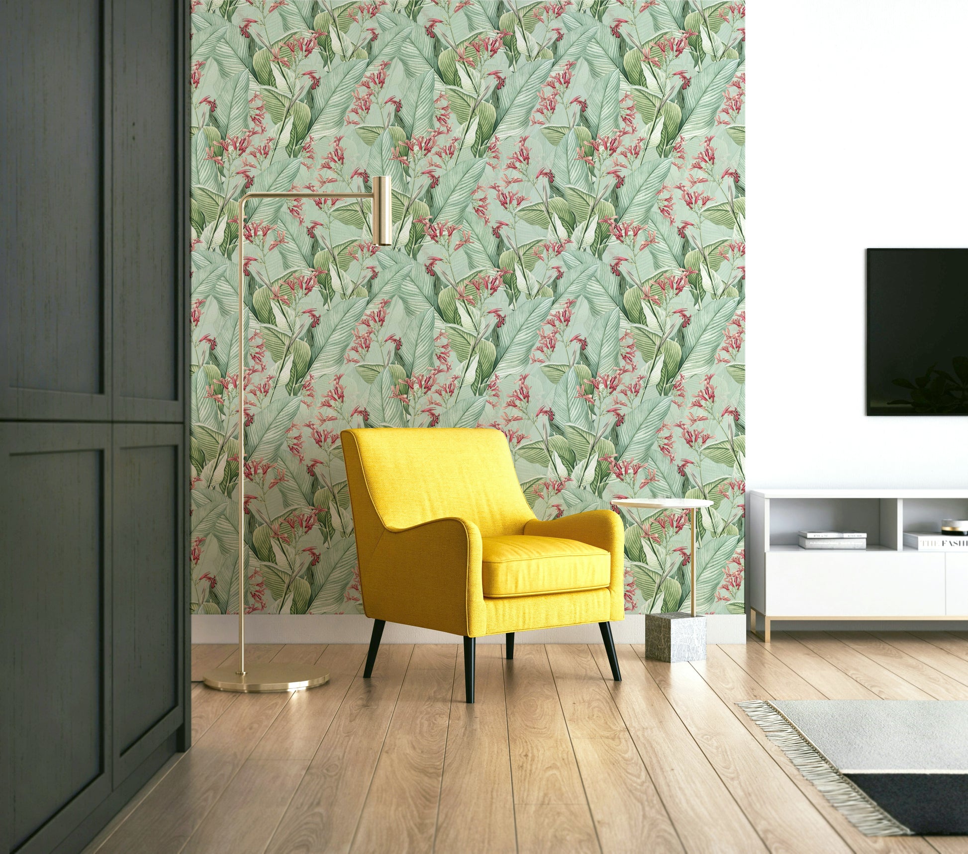 Exotic tropical wall mural with palm fronds and flowers.


