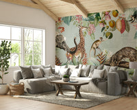 Lush vintage tropical mural with exotic flowers and wildlife

