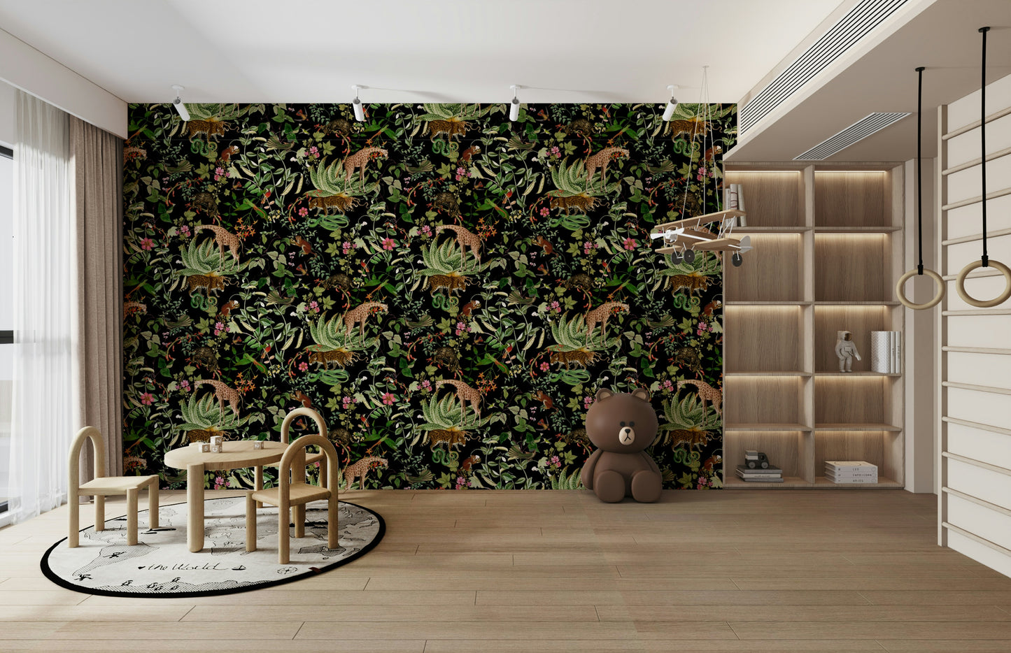 Close-up of Whispers of the Wild mural with exotic plants and animals.

