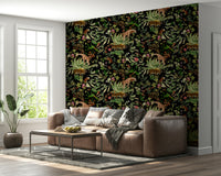 Detailed view of wild animals and tropical foliage in Whispers of the Wild wallpaper.

