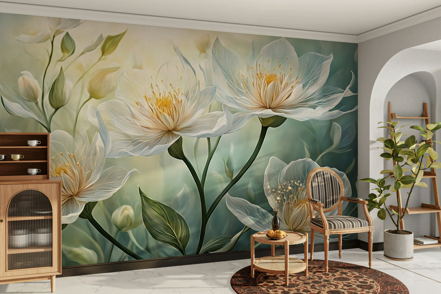 Chic white flower wallpaper with a soft, airy aesthetic

