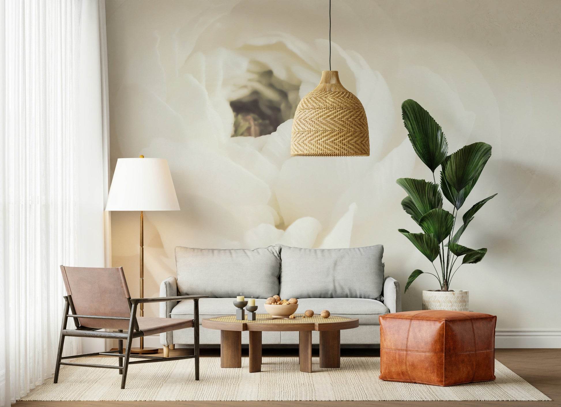 A calming serene flower wallpaper mural that defines a space.

