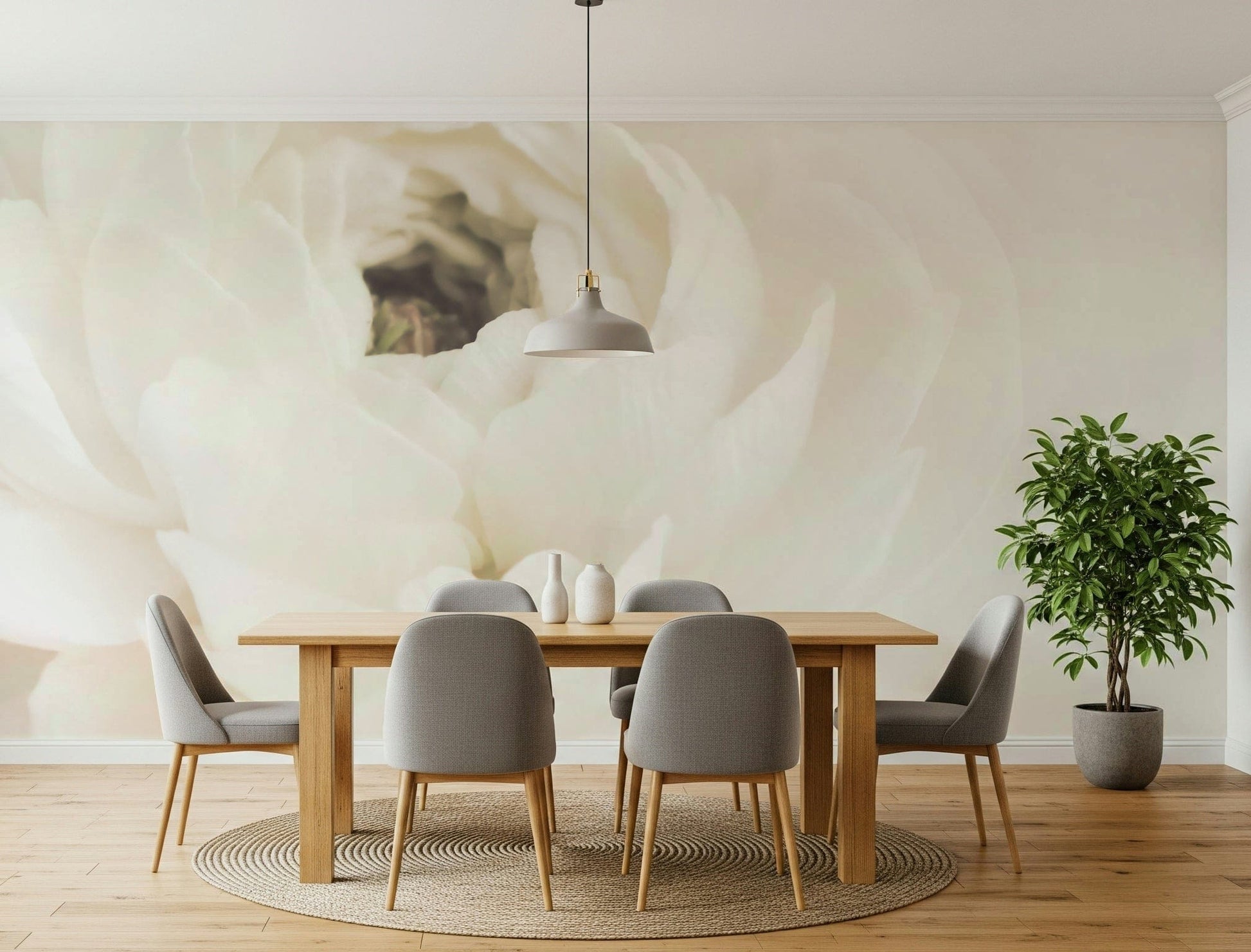 A graceful subtle bloom wall mural in cool, white tones.

