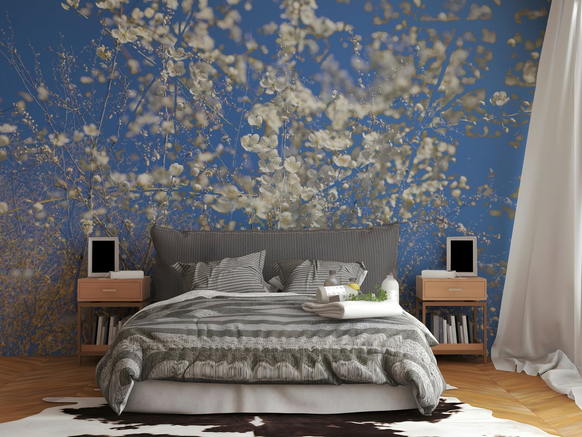 White Blossoms Against a Clear Blue Sky - Spring Nature Photography Wall Mural