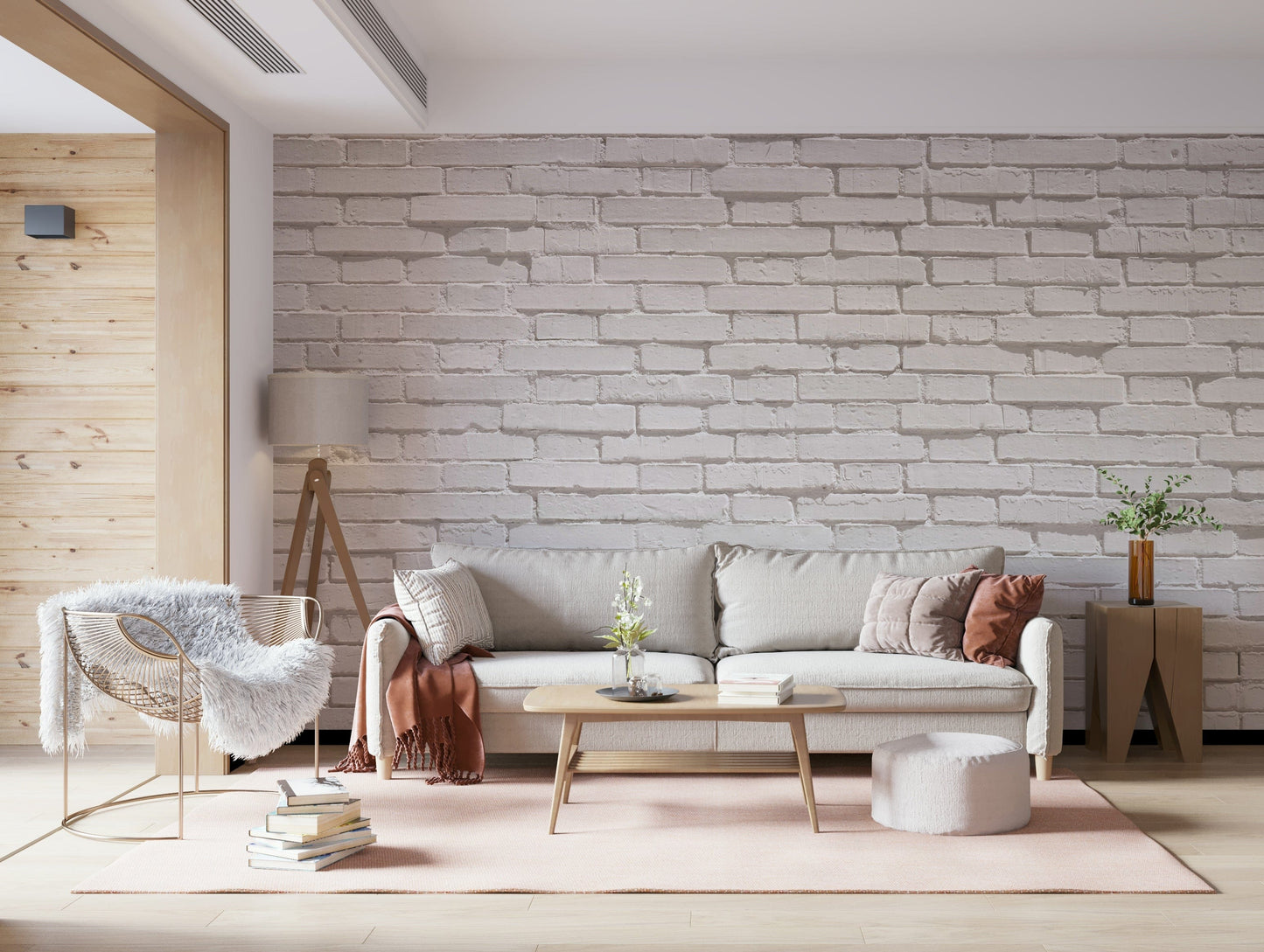 Modern urban white brick wall mural with textured surfaces for cozy yet contemporary décor.