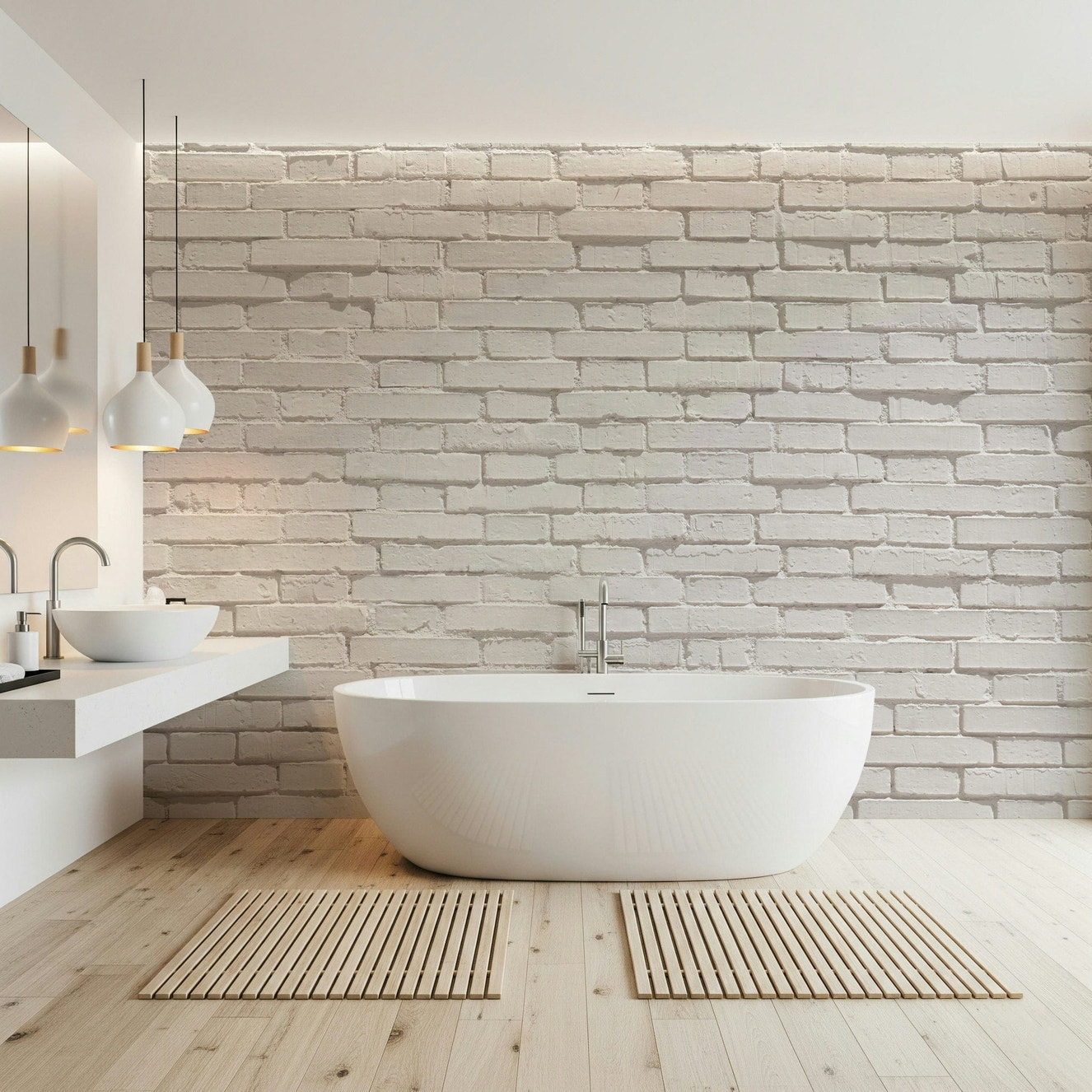 Textured white brick wall mural adding brightness, depth, and architectural interest to interiors.