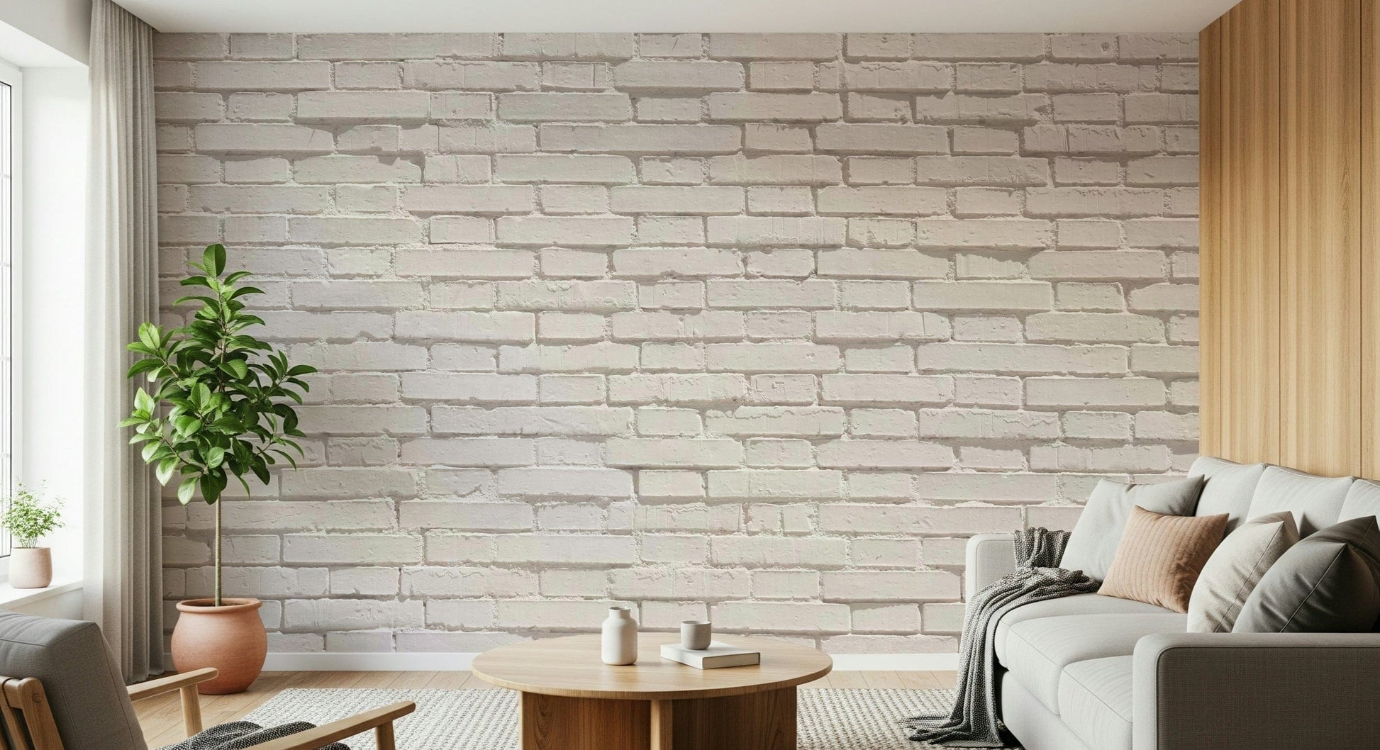 Textured wall mural with crisp white bricks creating a bright and contemporary accent wall.