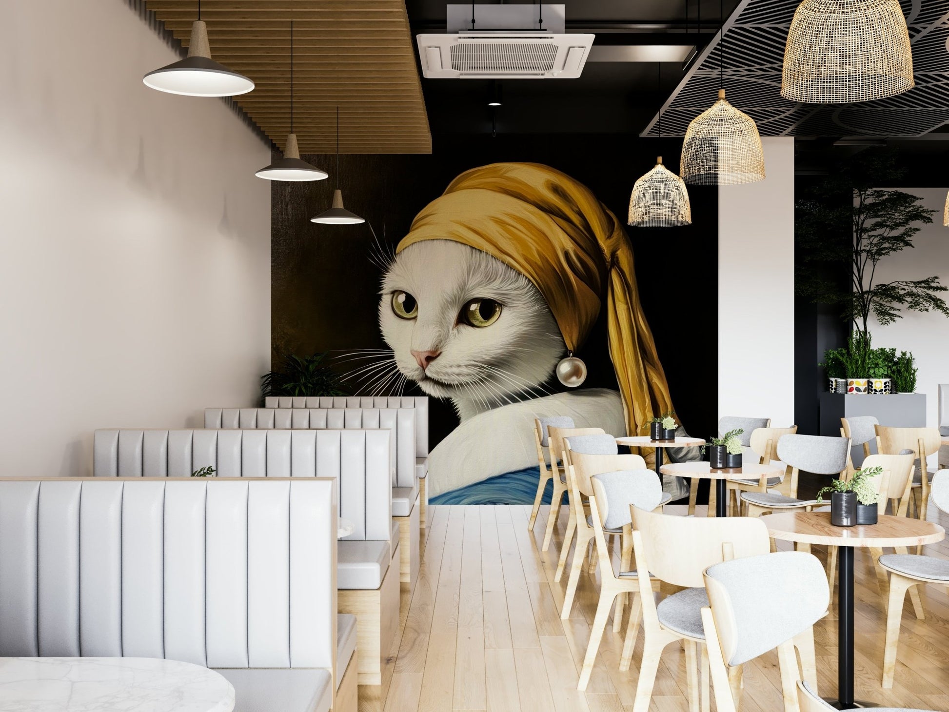 white cat with pearl earring in blue robe wall mural

