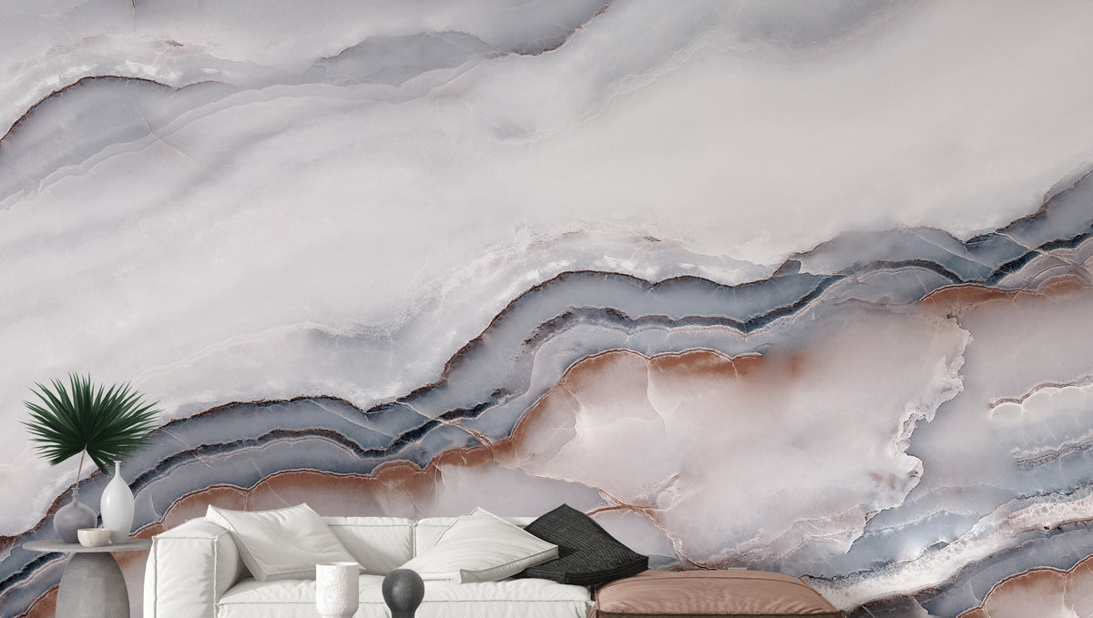 Striking White Clouded Marble wallpaper mural shown as a full feature wall that highlights the design