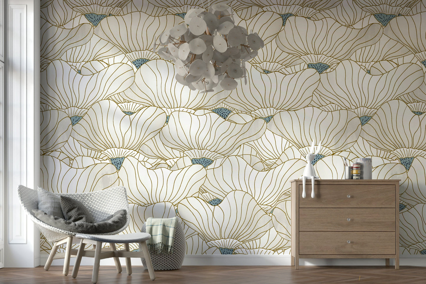 Dusty White Botanical Bloom Waves  Wall Mural