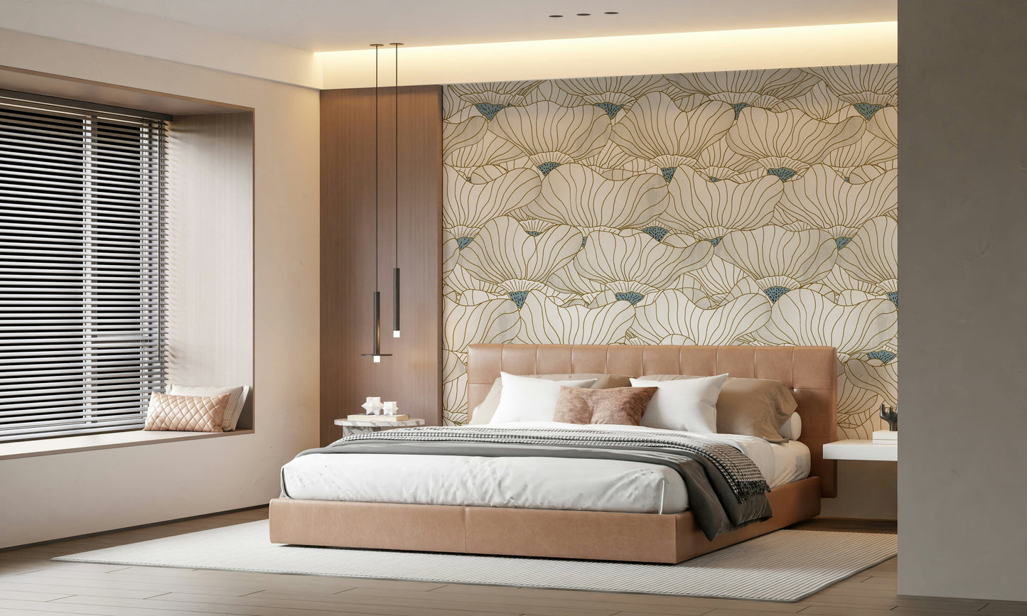Dusty White Botanical Bloom Waves  Wall Mural