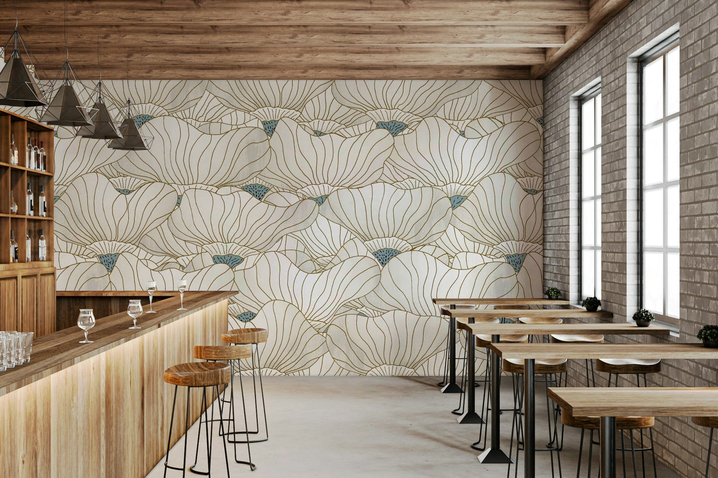 Dusty White Botanical Bloom Waves  Wall Mural