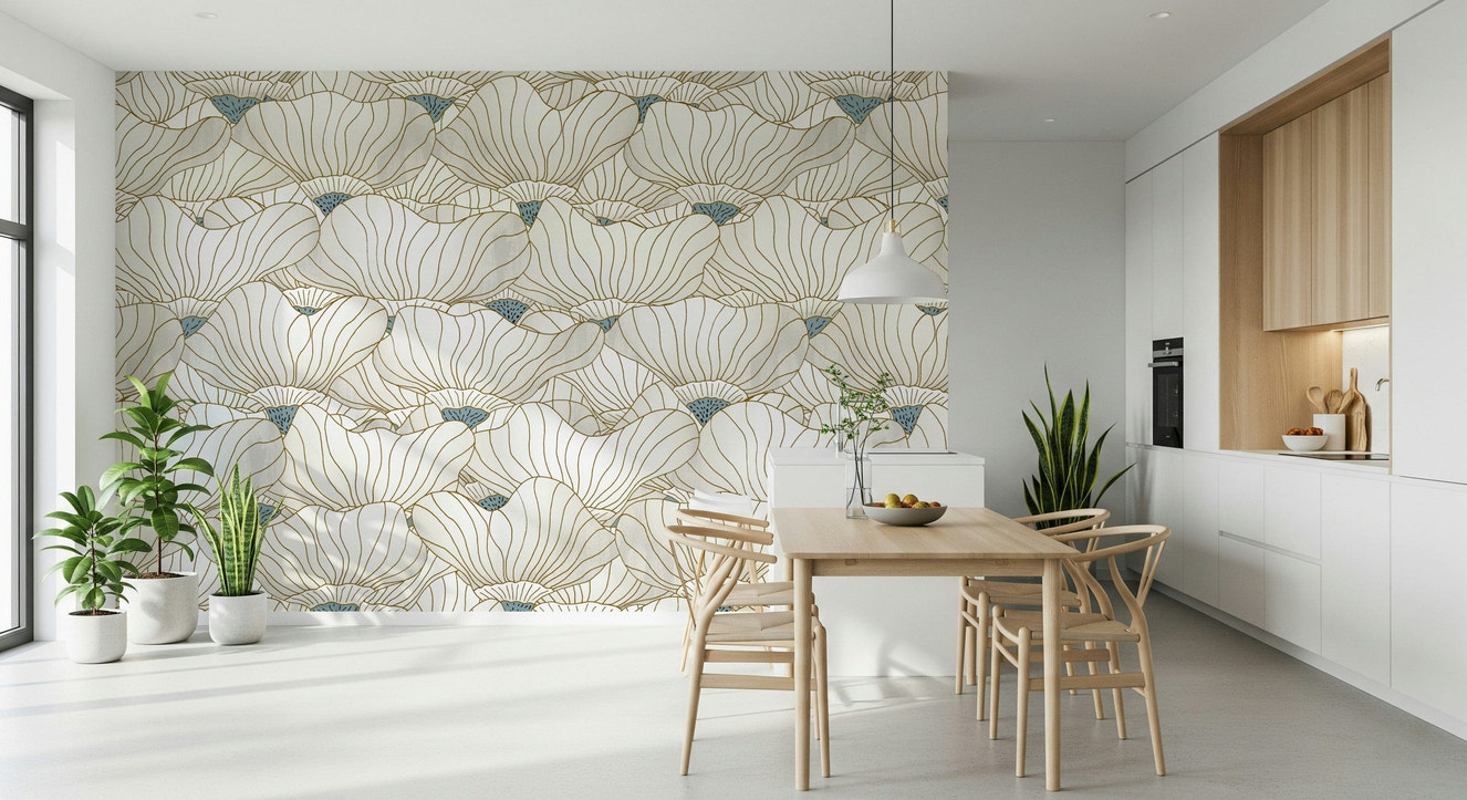 Dusty White Botanical Bloom Waves  Wall Mural