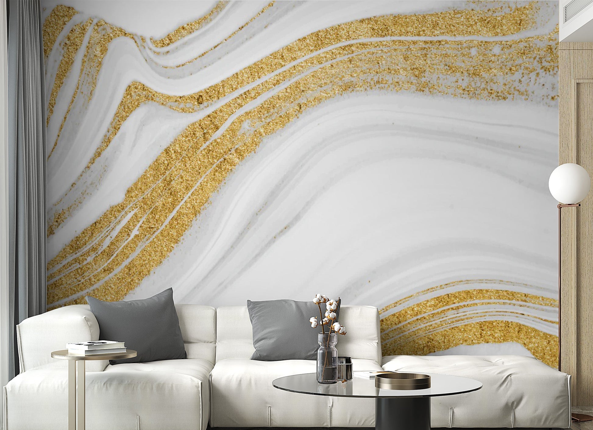 Sophisticated white gold marble wallpaper mural for chic walls.