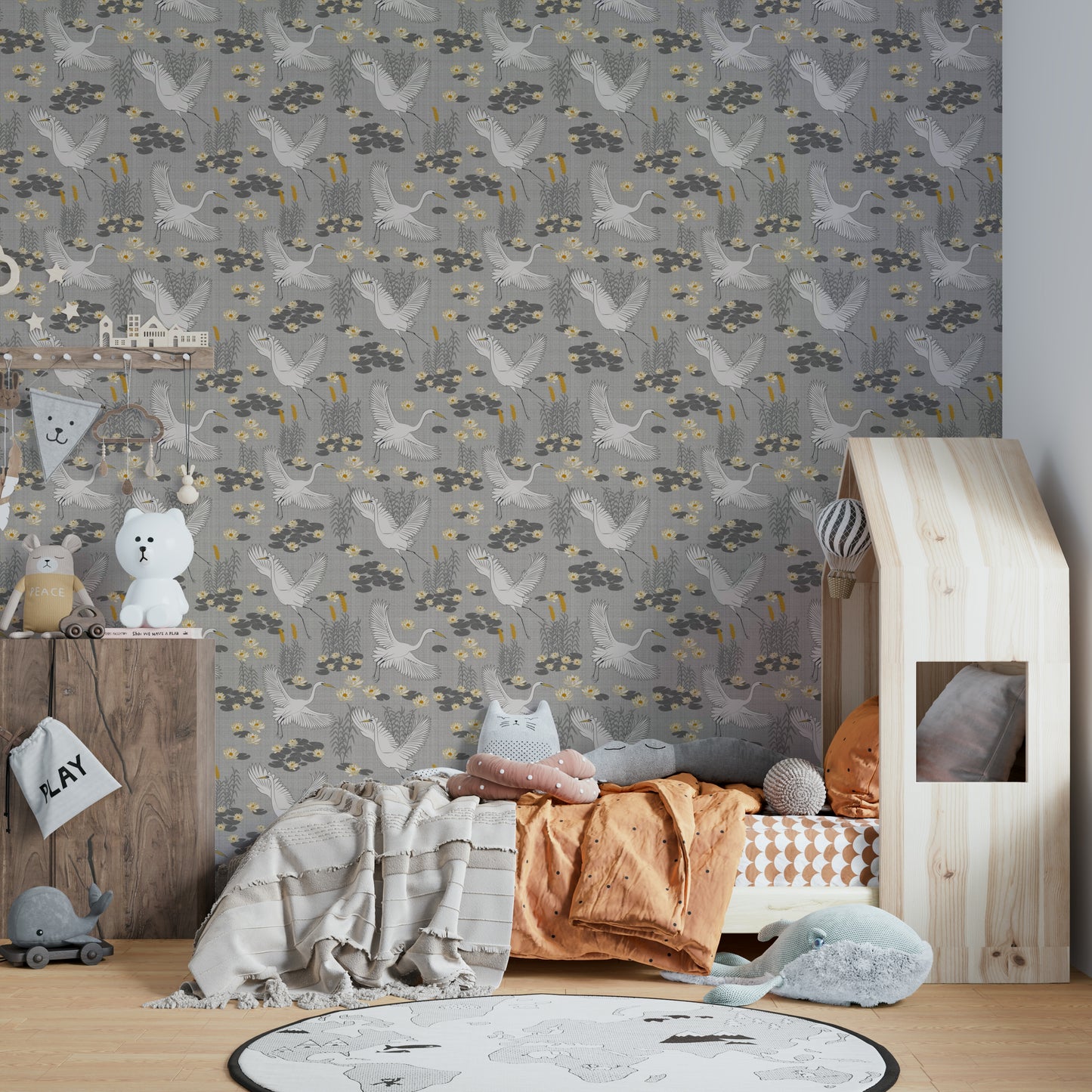 Coastal-inspired wallpaper with herons