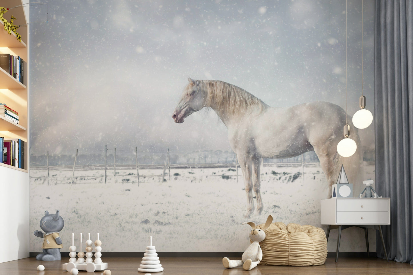 Snowdrift Horse wallpaper mural of a white horse in snow in a bright bedroom with wood desk and single bed