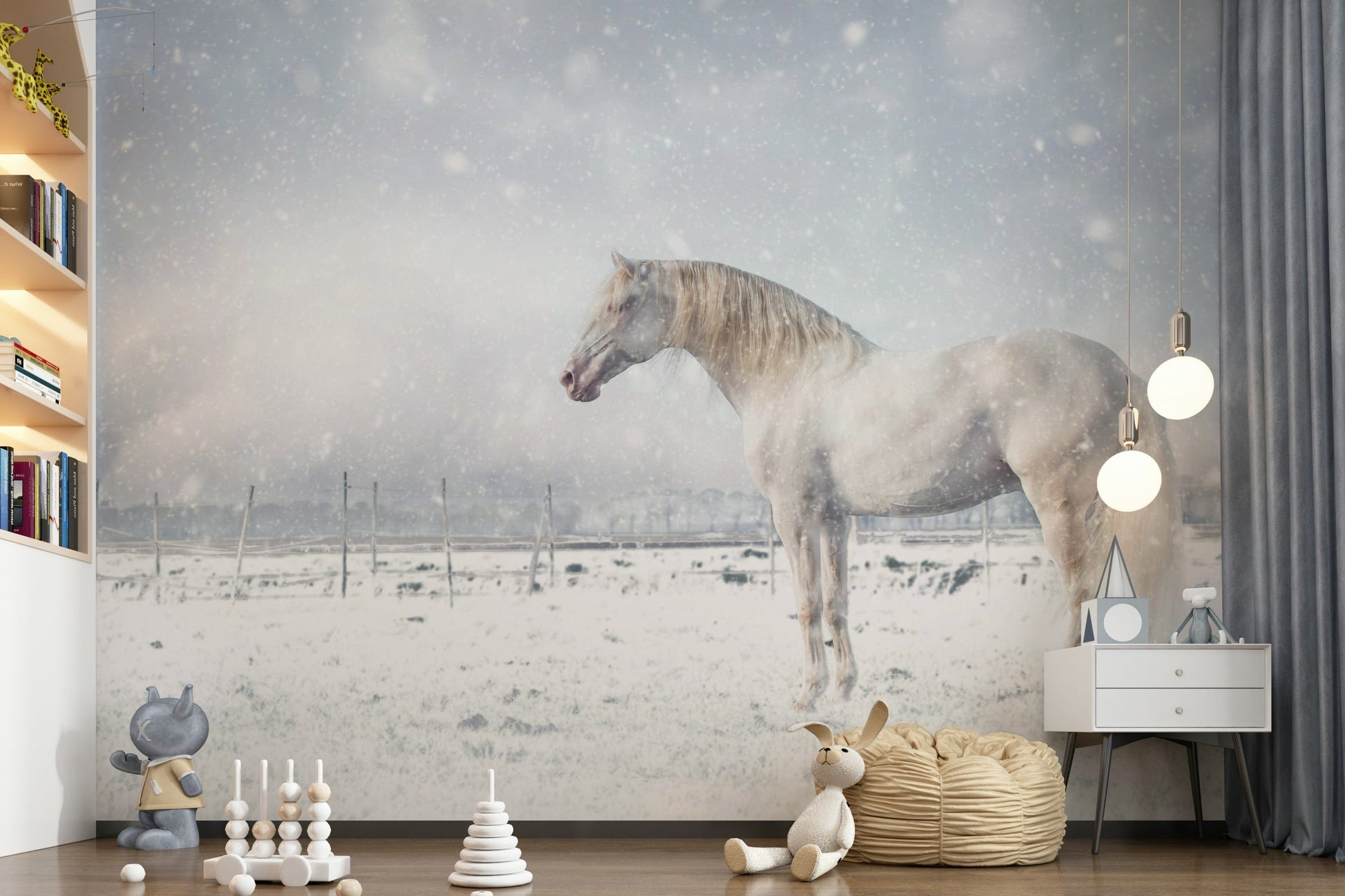 Snowdrift Horse wallpaper mural of a white horse in snow in a bright bedroom with wood desk and single bed