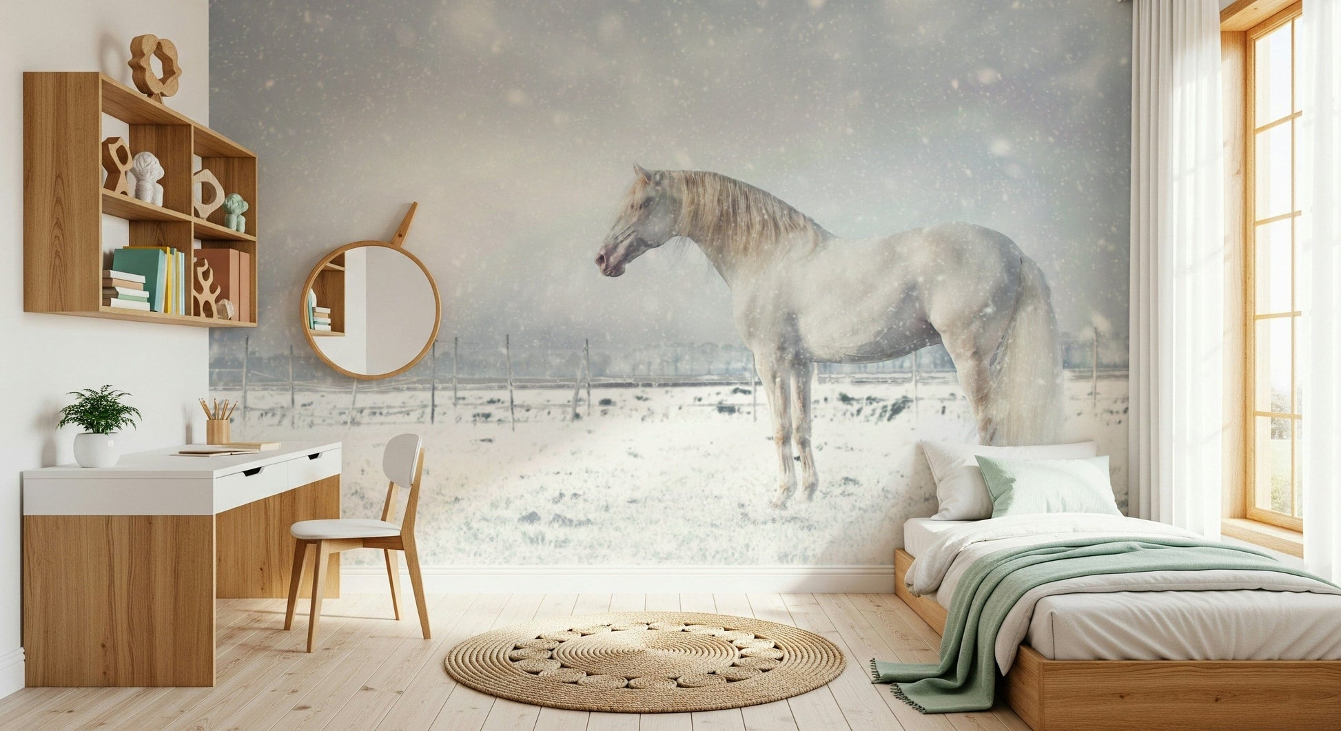 Snowdrift Horse wallpaper mural of a white horse in snow in a girls bedroom with purple unicorn bedding and pink rug