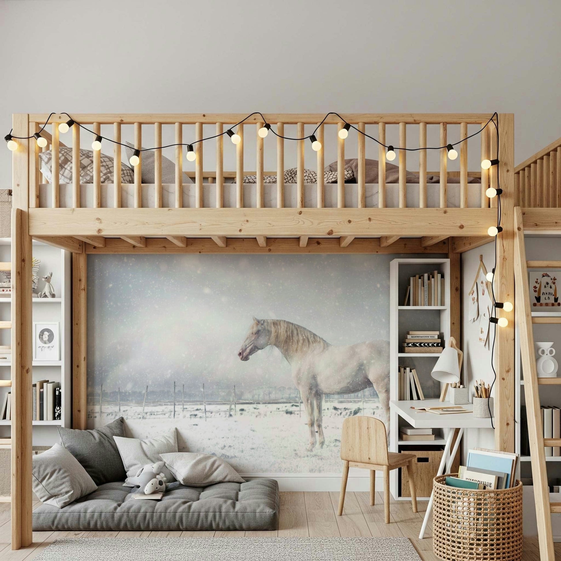 Snowdrift Horse wallpaper mural of a white horse in snow behind an oversized cream sofa in an open living room