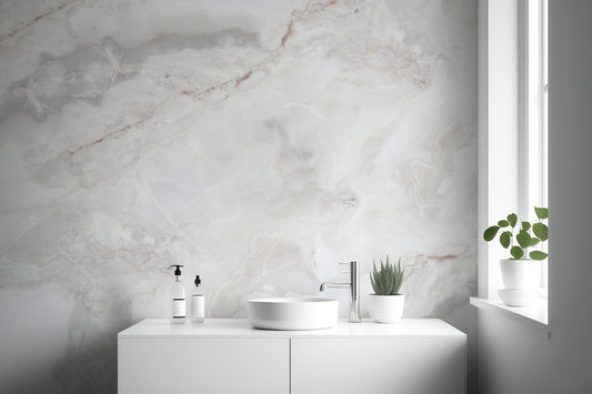 White Marble wallpaper mural shown as a full feature wall that highlights the design
