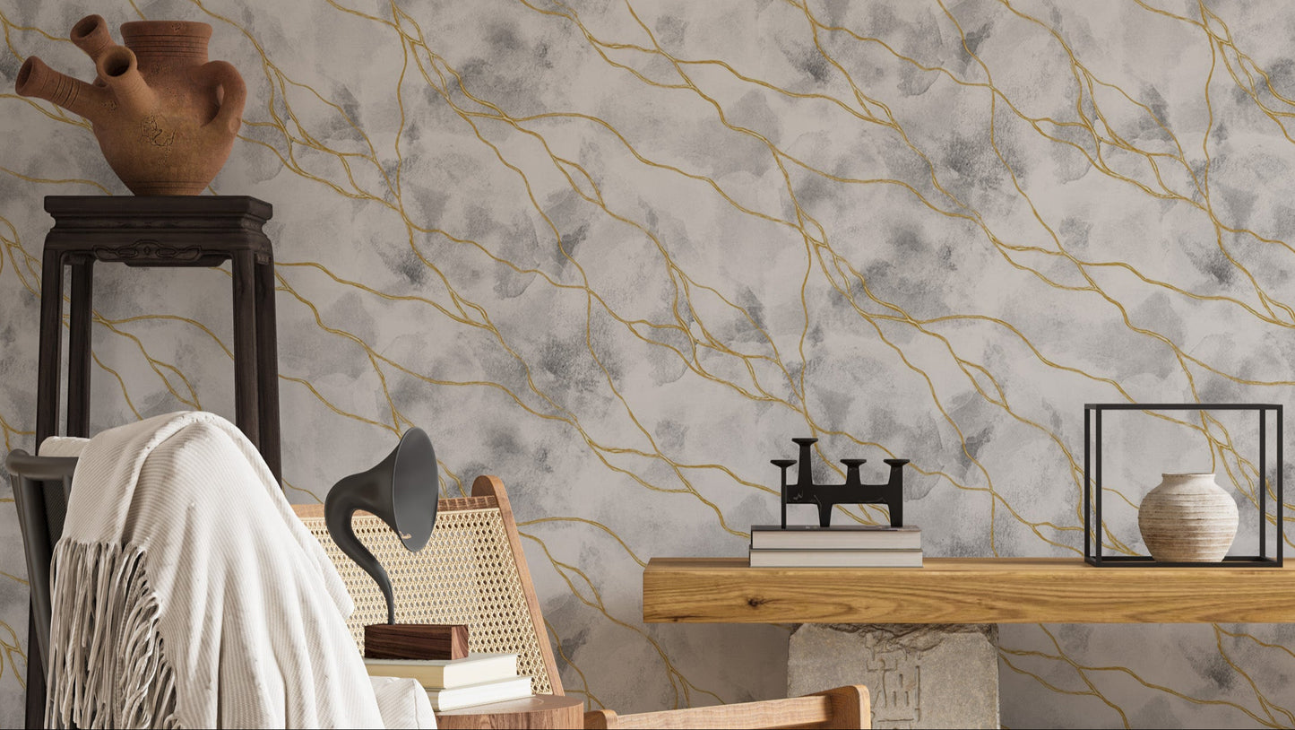 White marble wallpaper with gold vein detail


