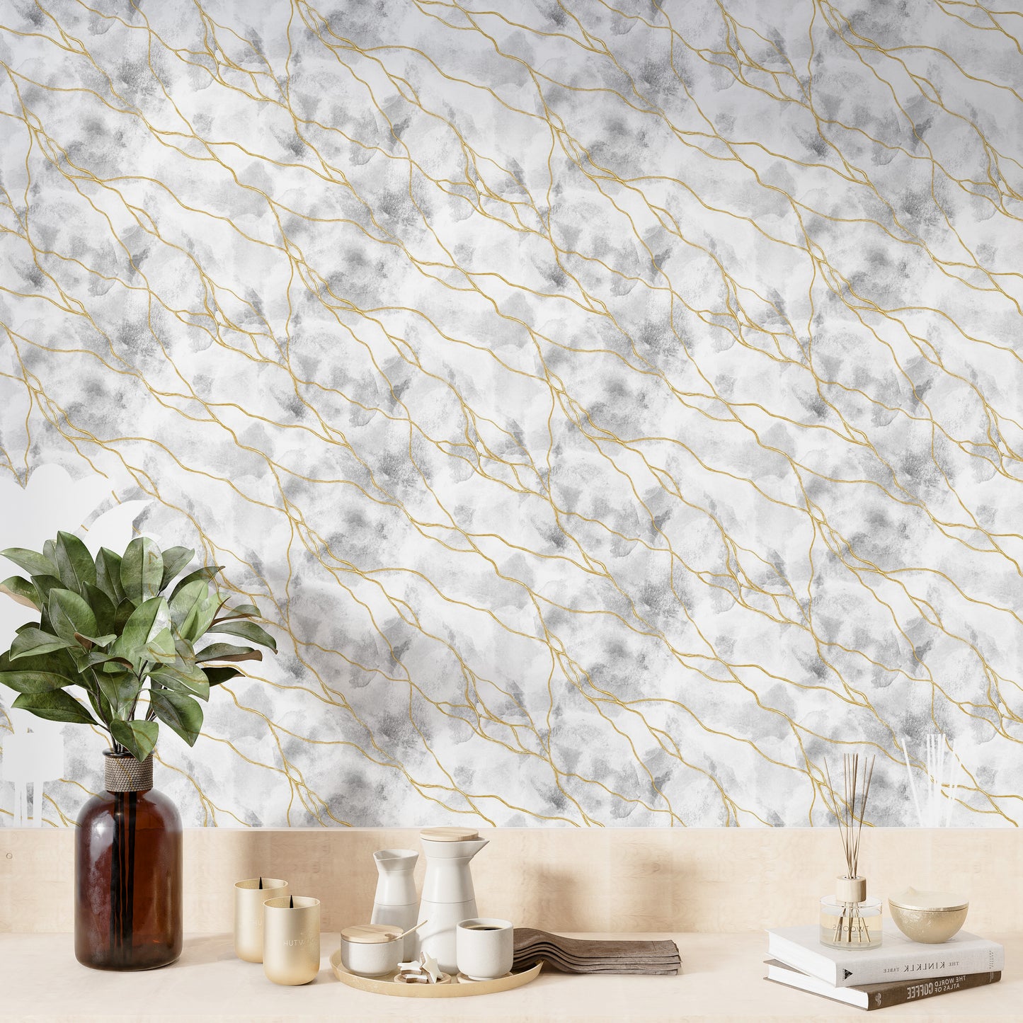 Realistic marble design in white with gold accents

