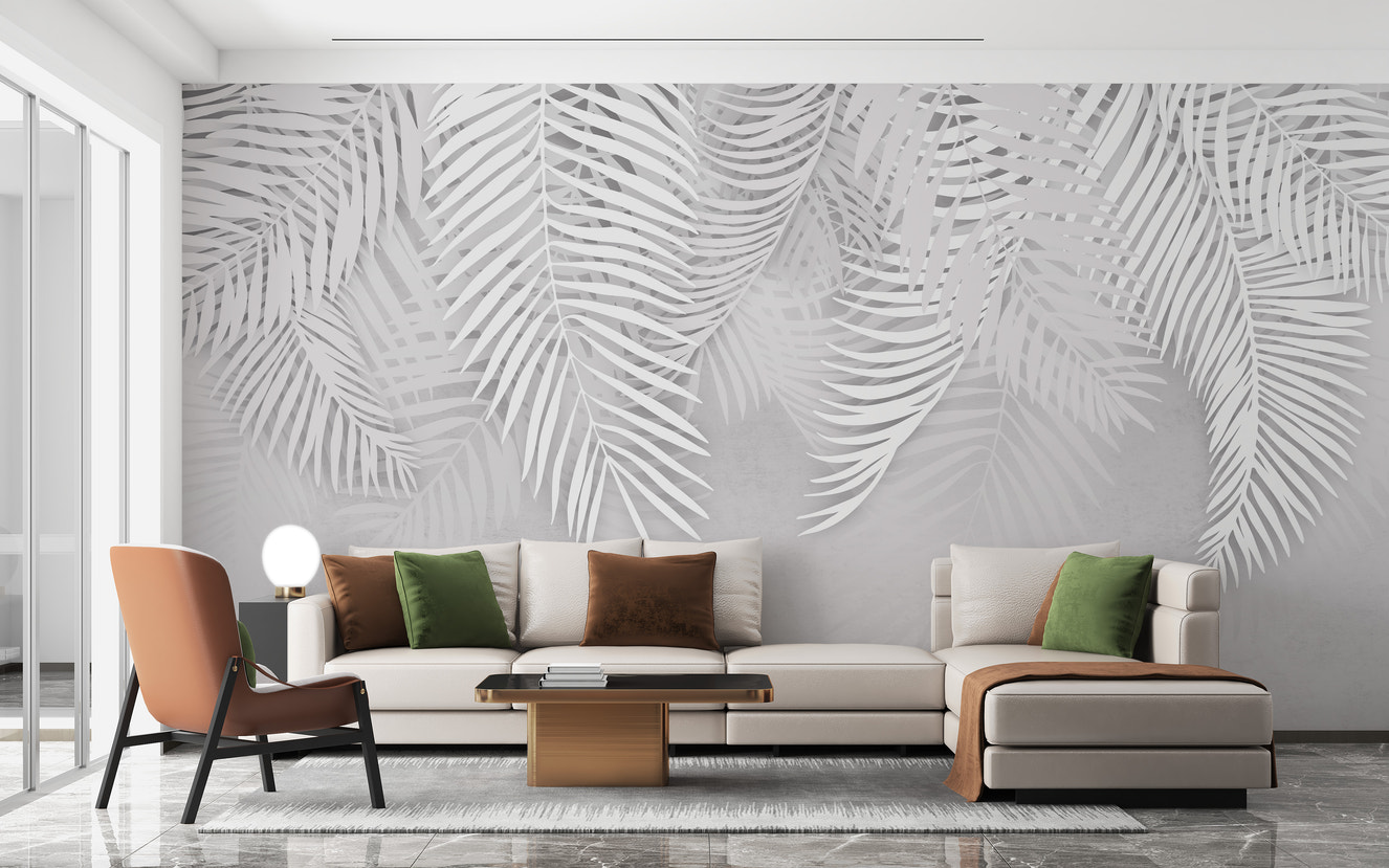 White palm leaves on concrete wallpaper
