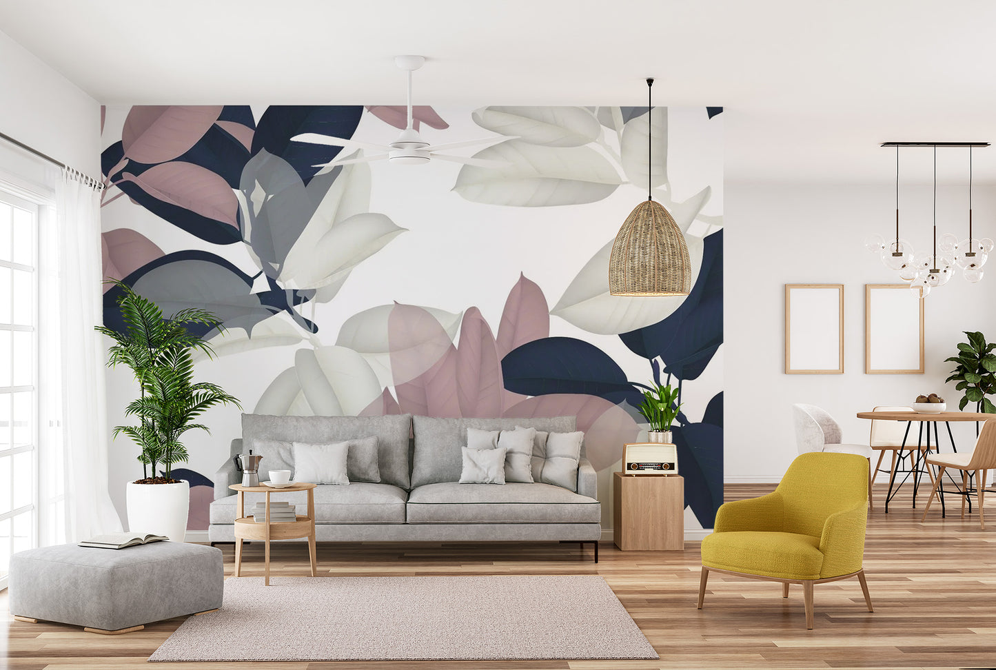 White & Pink Large Leaves Wallpaper Murals - Giffywalls