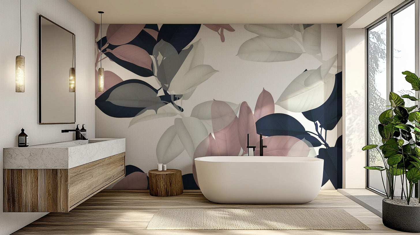 White & pink leaves mural for modern spaces
