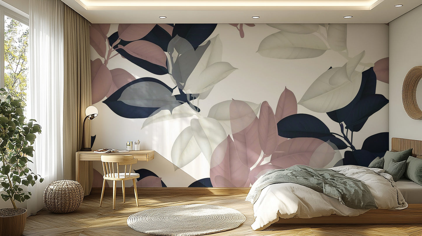 Large pink and white leaves mural wallpaper
