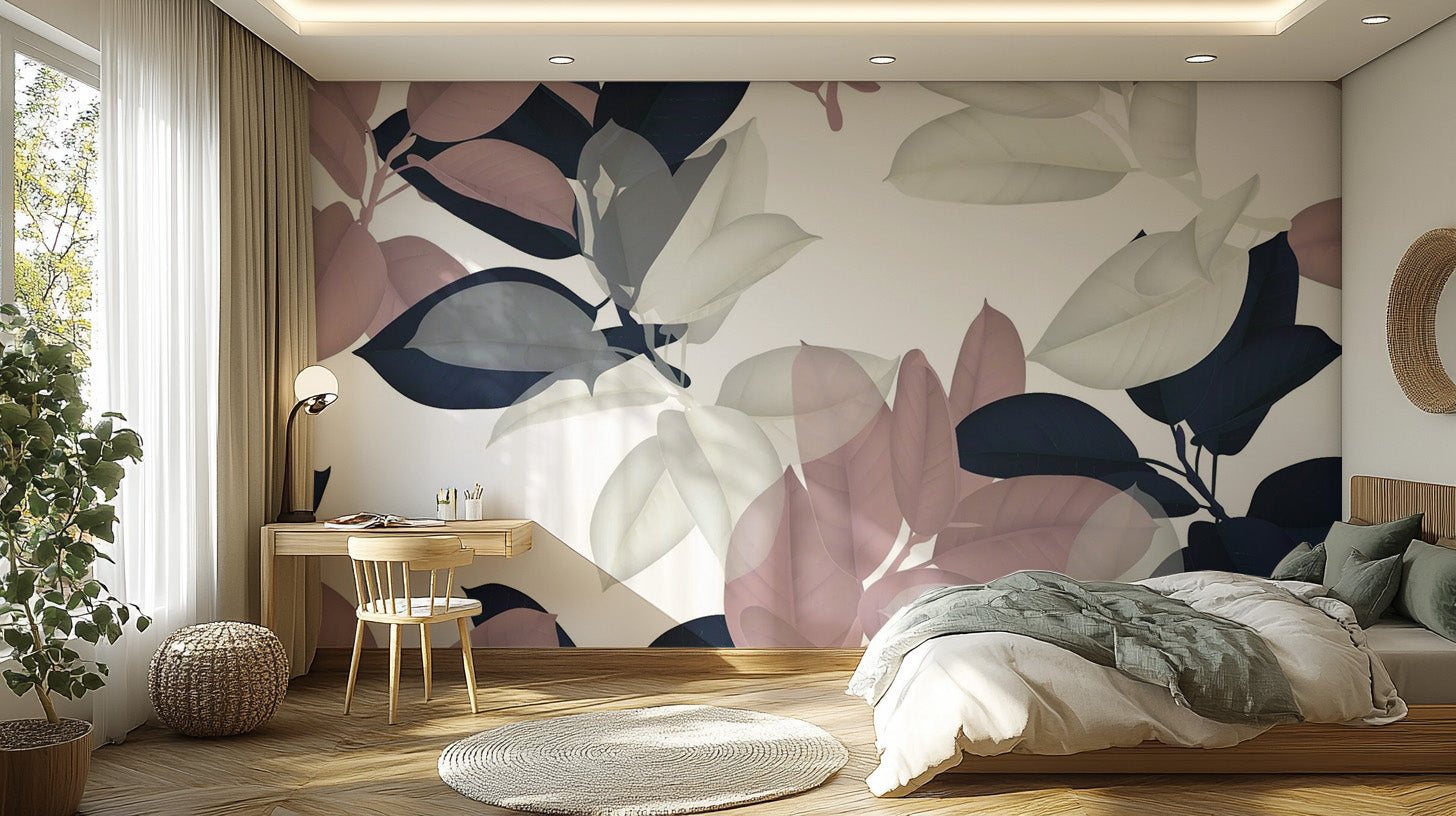Large pink and white leaves mural wallpaper
