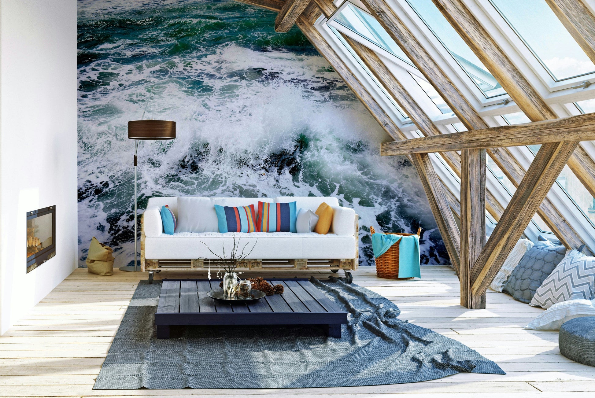 A graceful subtle white wall mural in bright, clean tones.

