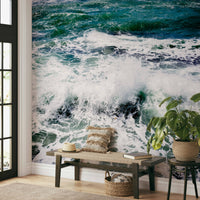 An artistic subtle splash mural on minimalist wallpaper.

