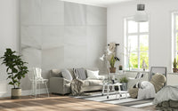 Textured wall mural with layered white stone patterns creating a clean and sophisticated accent wall.