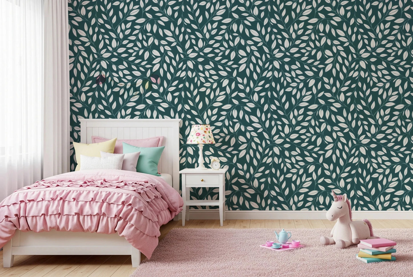 White Vines on Teal Wallpaper⁠