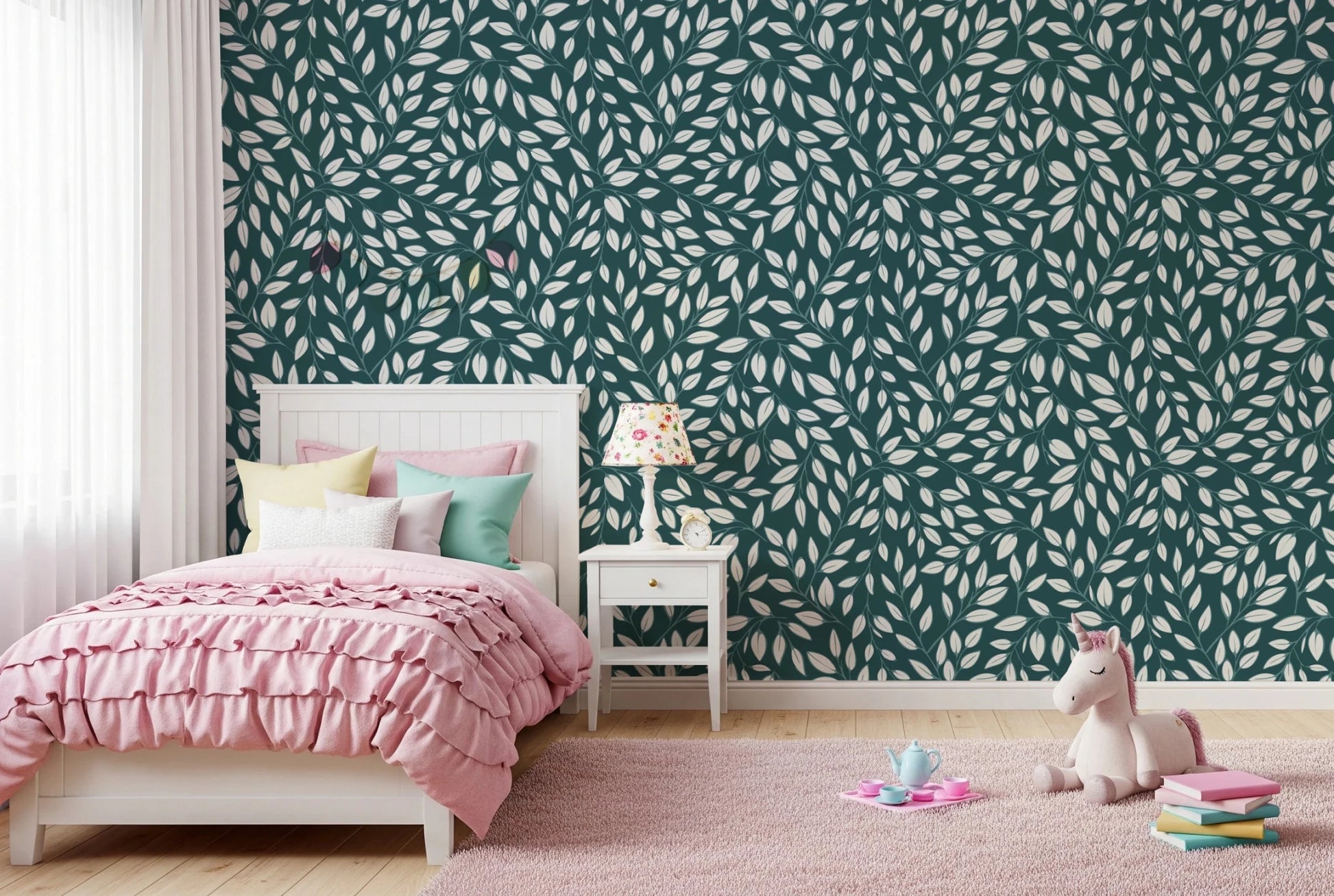 White Vines on Teal Wallpaper⁠