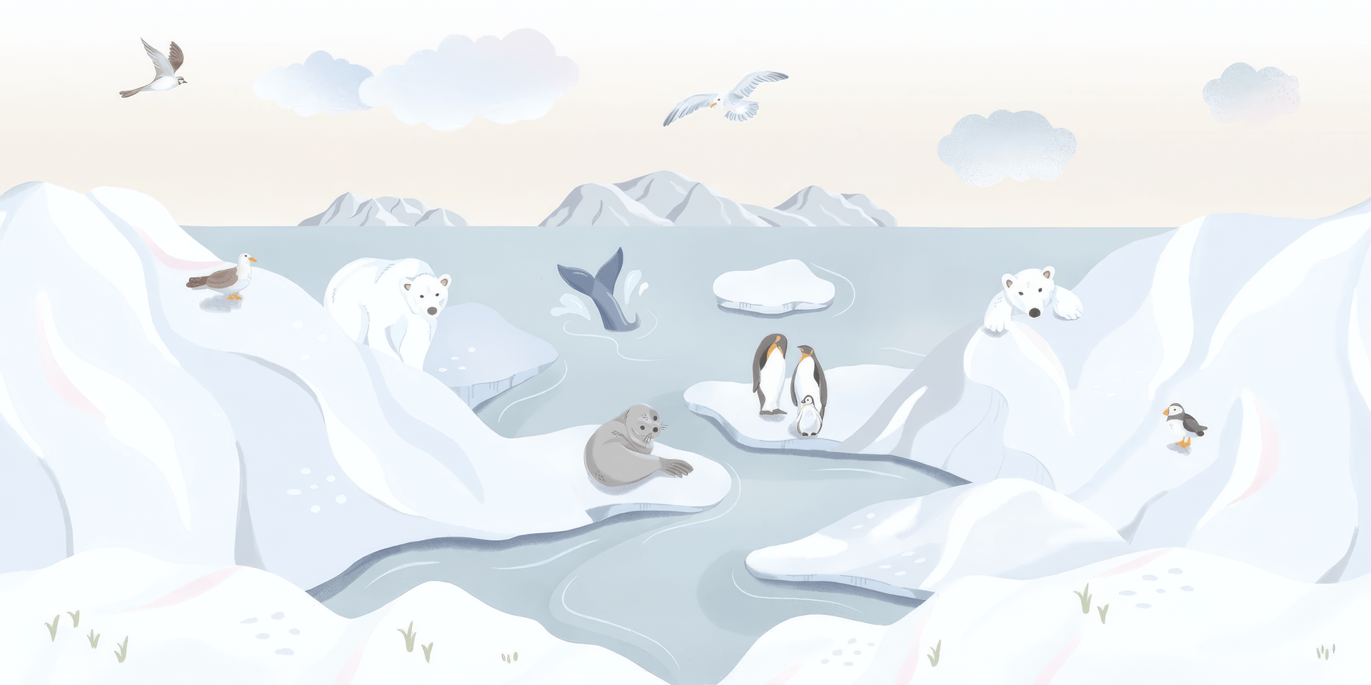 Antarctic Animal wallpaper mural with polar bears, penguins, a seal and whale tail on pale blue ice, shown as a full-wall mural