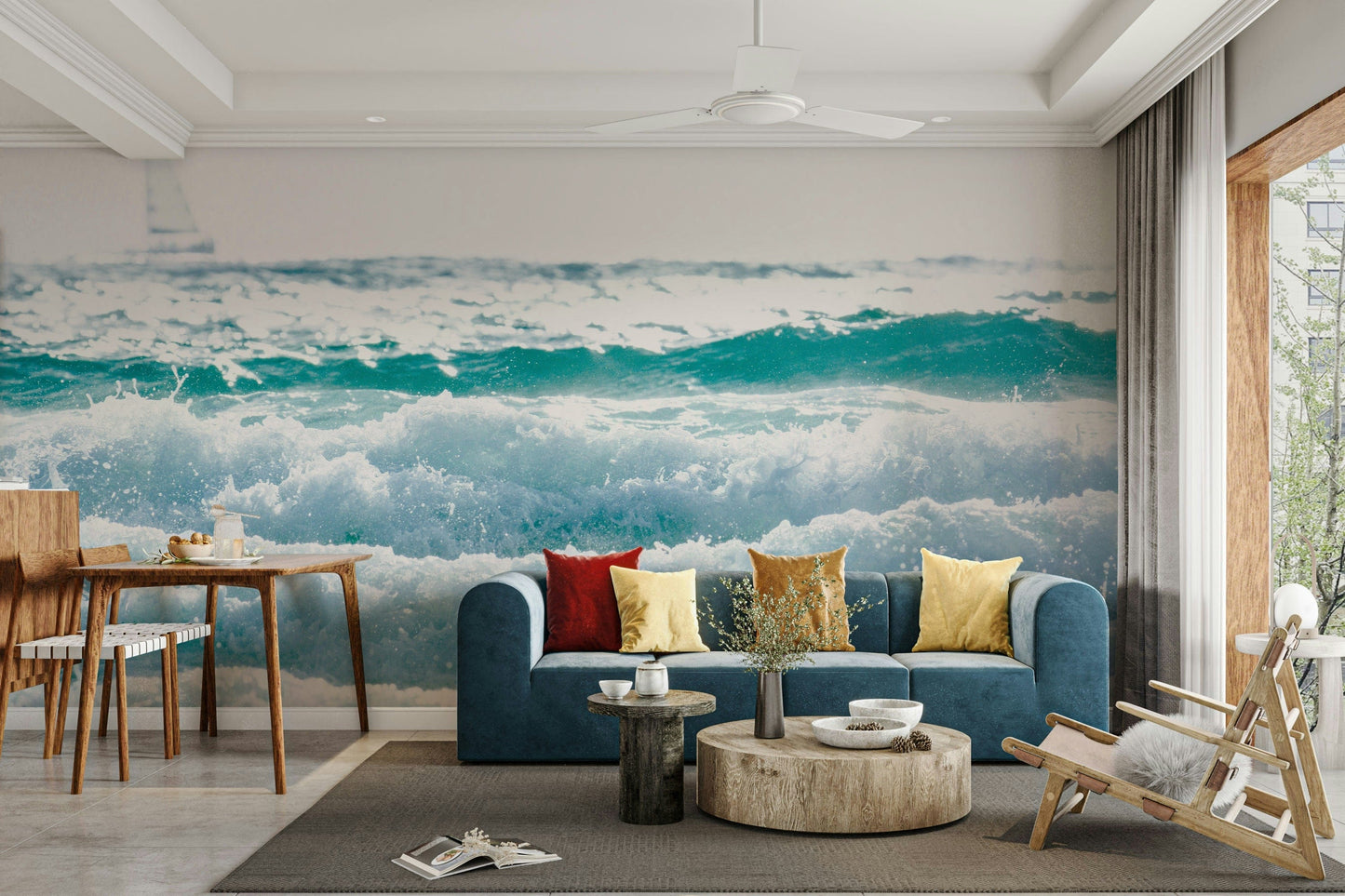 An artistic white on white mural on elegant wallpaper.

