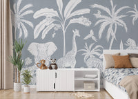 Self adhesive Monochrome Jungle Blue Wall Mural in a living space with a white console cabinet and green plants.