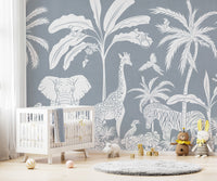 Premium canvas Monochrome Jungle Blue Wall Mural in a serene nursery room featuring a clean white crib.