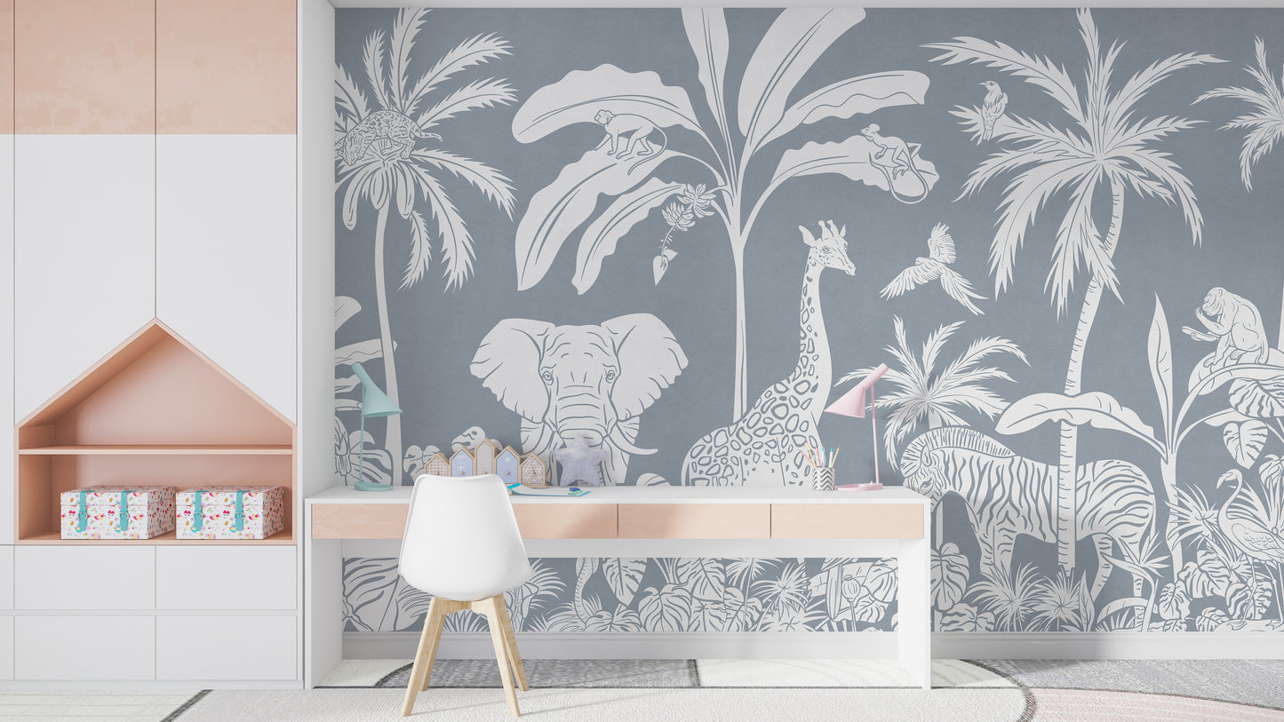 Standard Monochrome Jungle Blue Wall Mural in a kids study area with a long white desk and pink wall accents.
